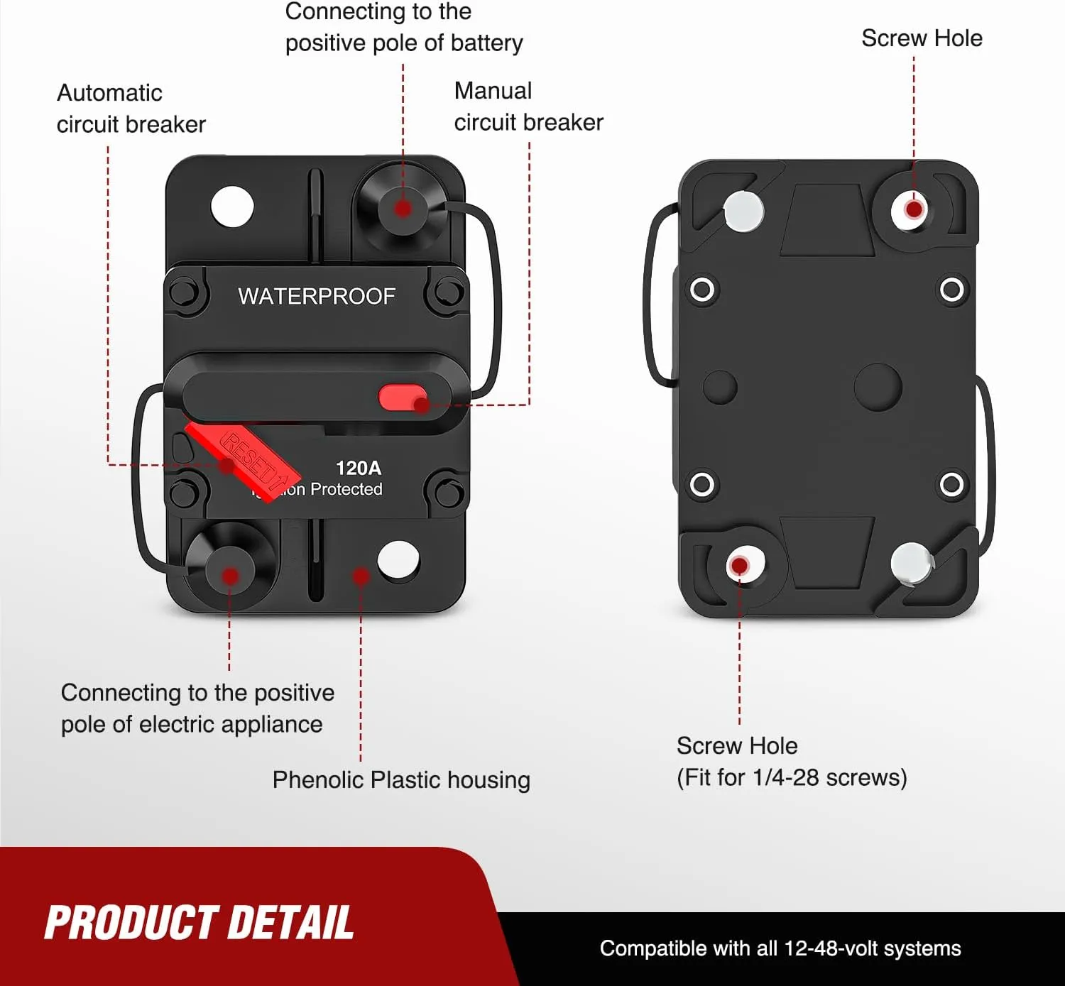 120A Circuit Breaker Resettable 12-48V DC Manual Reset w/Copper Wire Lugs Surface Mount Overload Protection