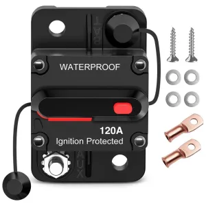 120A Circuit Breaker Resettable 12-48V DC Manual Reset w/Copper Wire Lugs Surface Mount Overload Protection