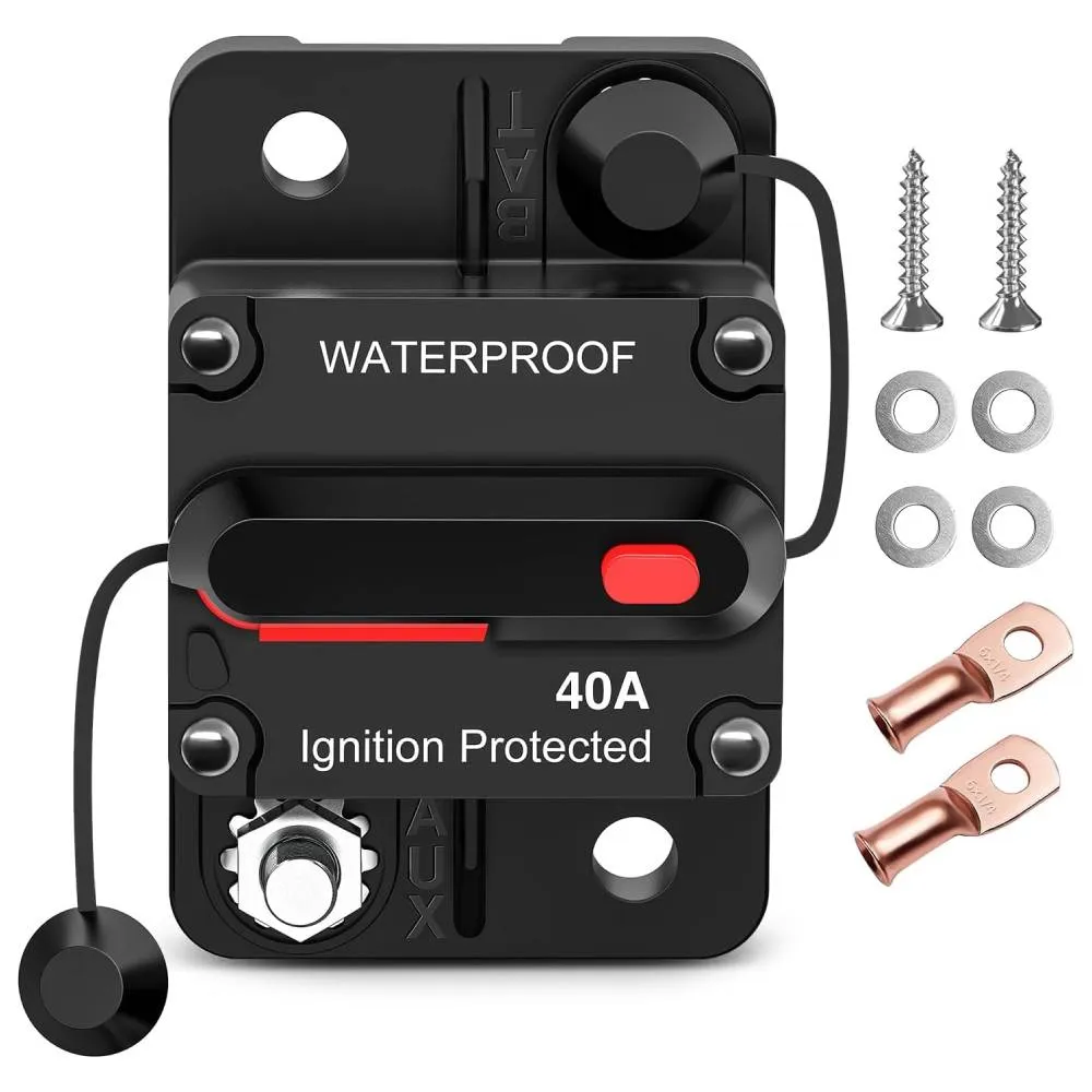 40A Circuit Breaker Resettable 12-48V DC Manual Reset w/Copper Wire Lugs Surface Mount Overload Protection