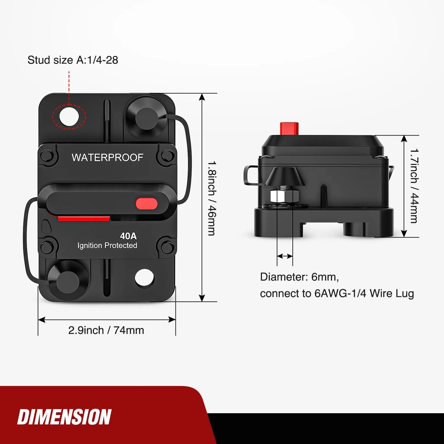 40A Circuit Breaker Resettable 12-48V DC Manual Reset w/Copper Wire Lugs Surface Mount Overload Protection
