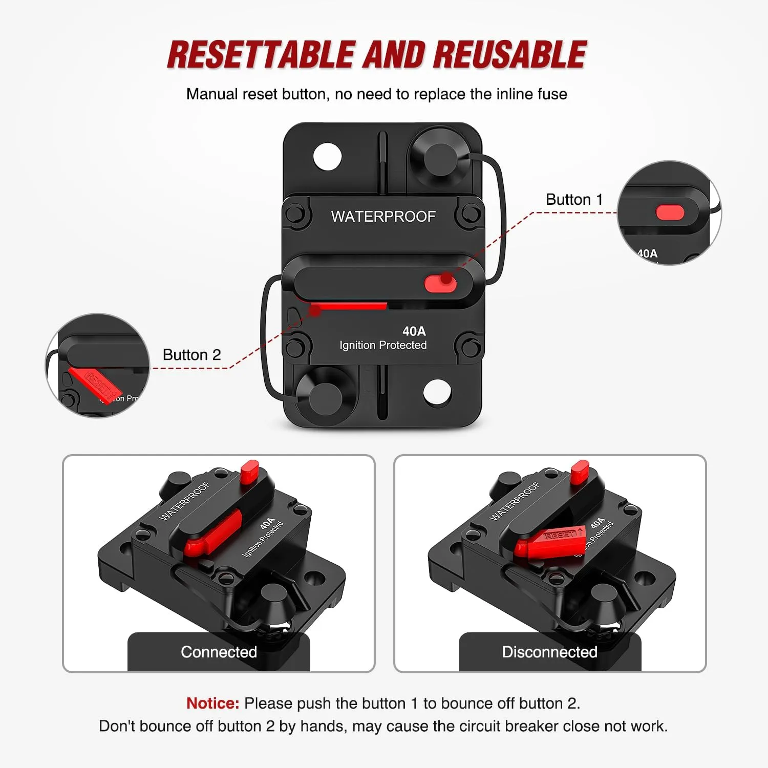 40A Circuit Breaker Resettable 12-48V DC Manual Reset w/Copper Wire Lugs Surface Mount Overload Protection
