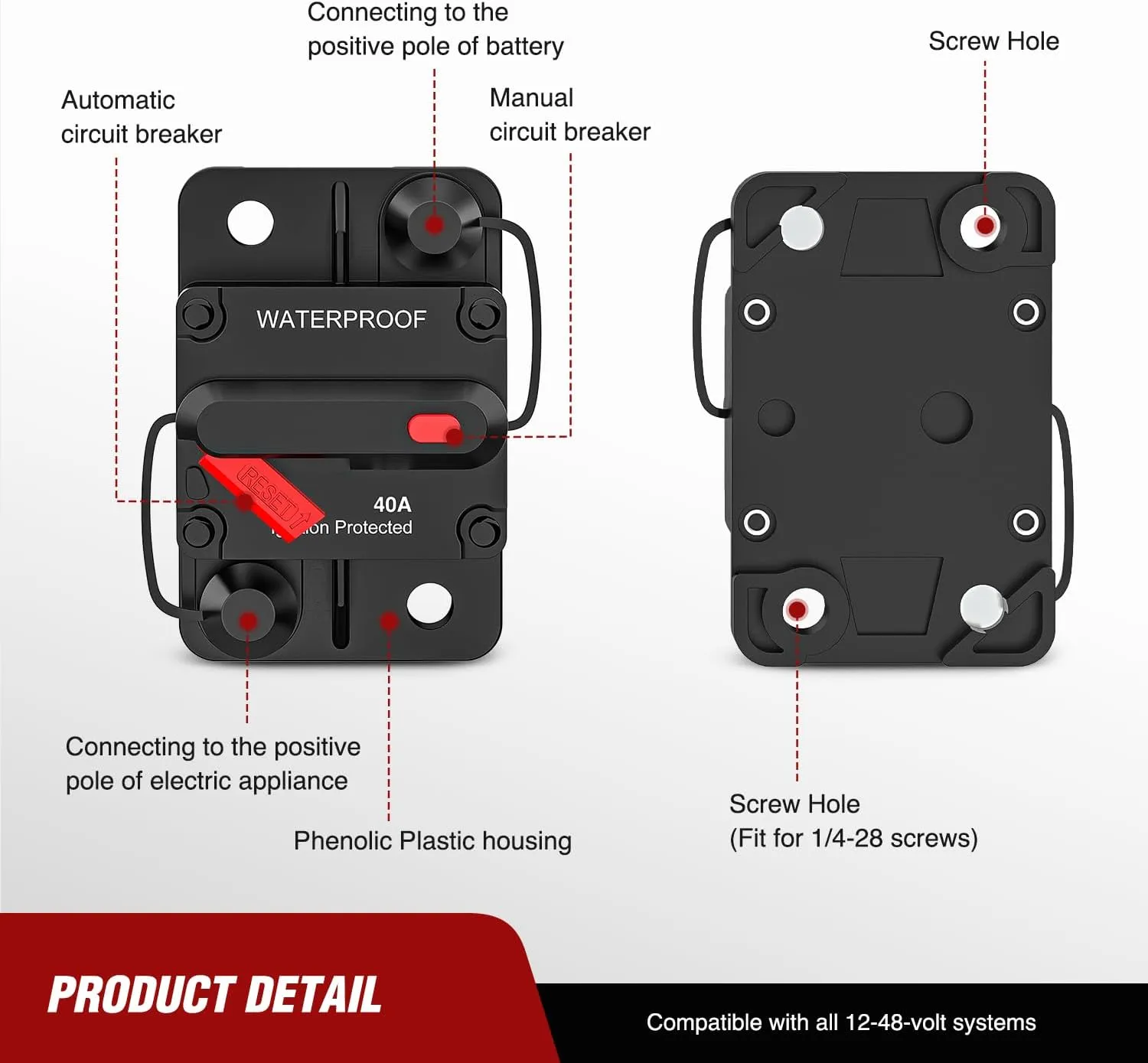 40A Circuit Breaker Resettable 12-48V DC Manual Reset w/Copper Wire Lugs Surface Mount Overload Protection