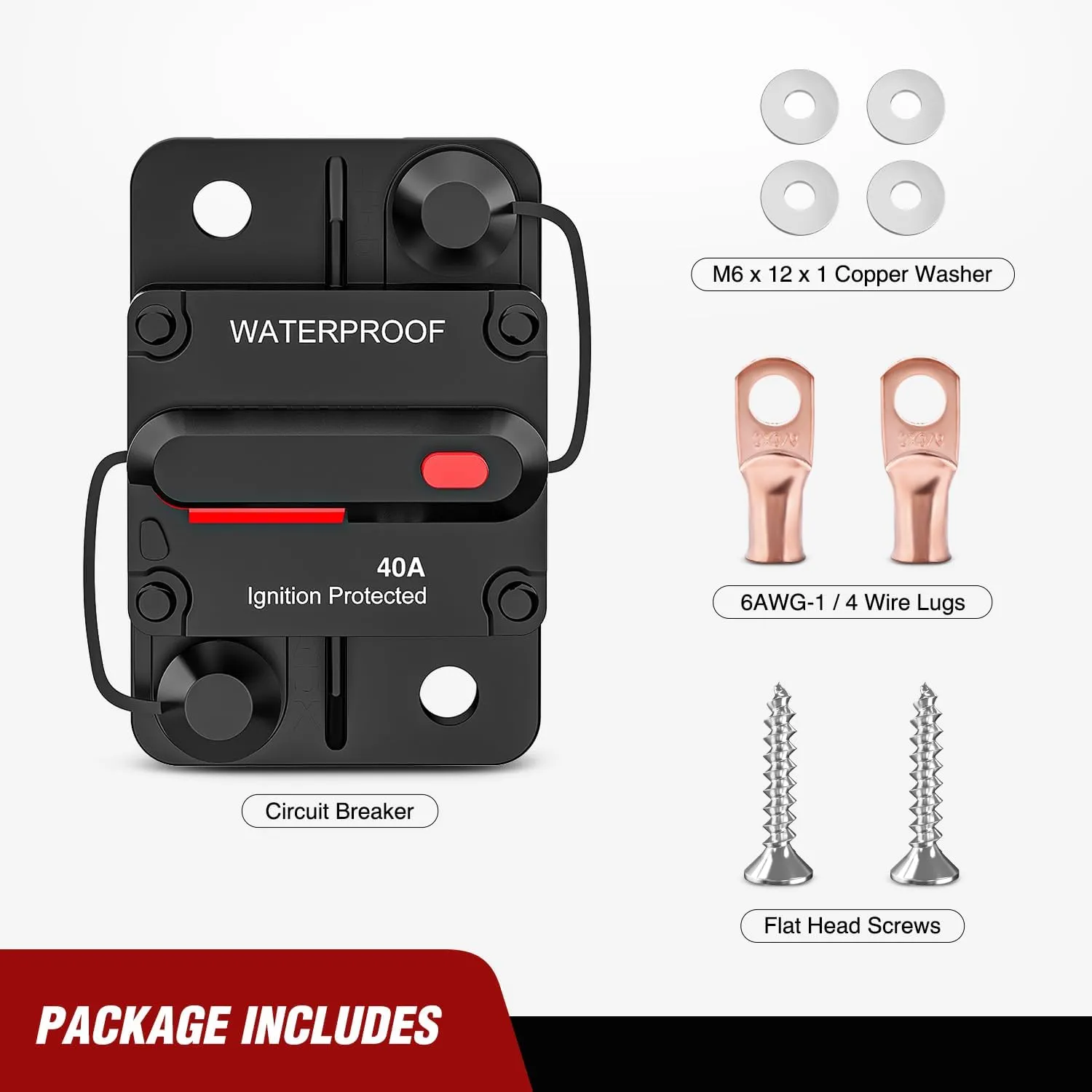 40A Circuit Breaker Resettable 12-48V DC Manual Reset w/Copper Wire Lugs Surface Mount Overload Protection