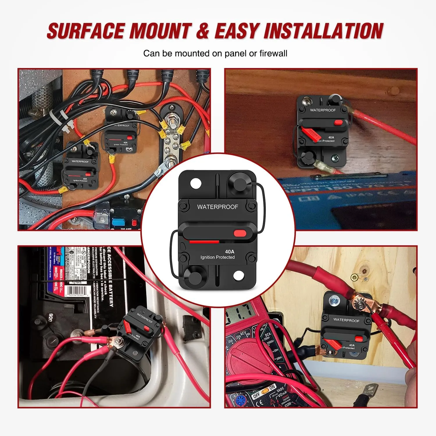 40A Circuit Breaker Resettable 12-48V DC Manual Reset w/Copper Wire Lugs Surface Mount Overload Protection