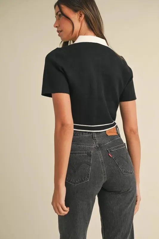 Button Down Contrast Collared Knit Cardigan