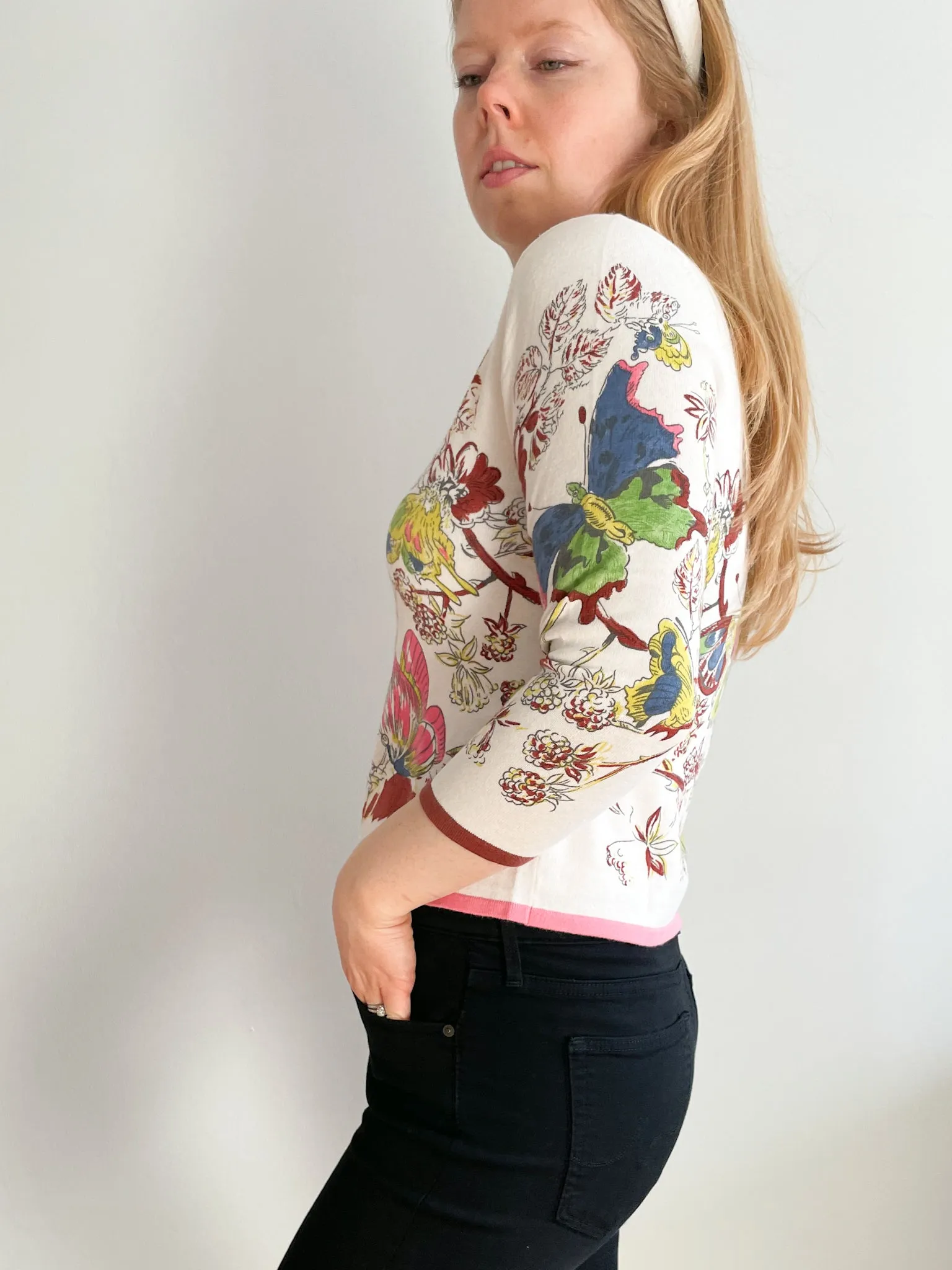 CAbi Rainbow Butterflies Cotton Blend 3/4 Sleeve Cardigan NWT- Small