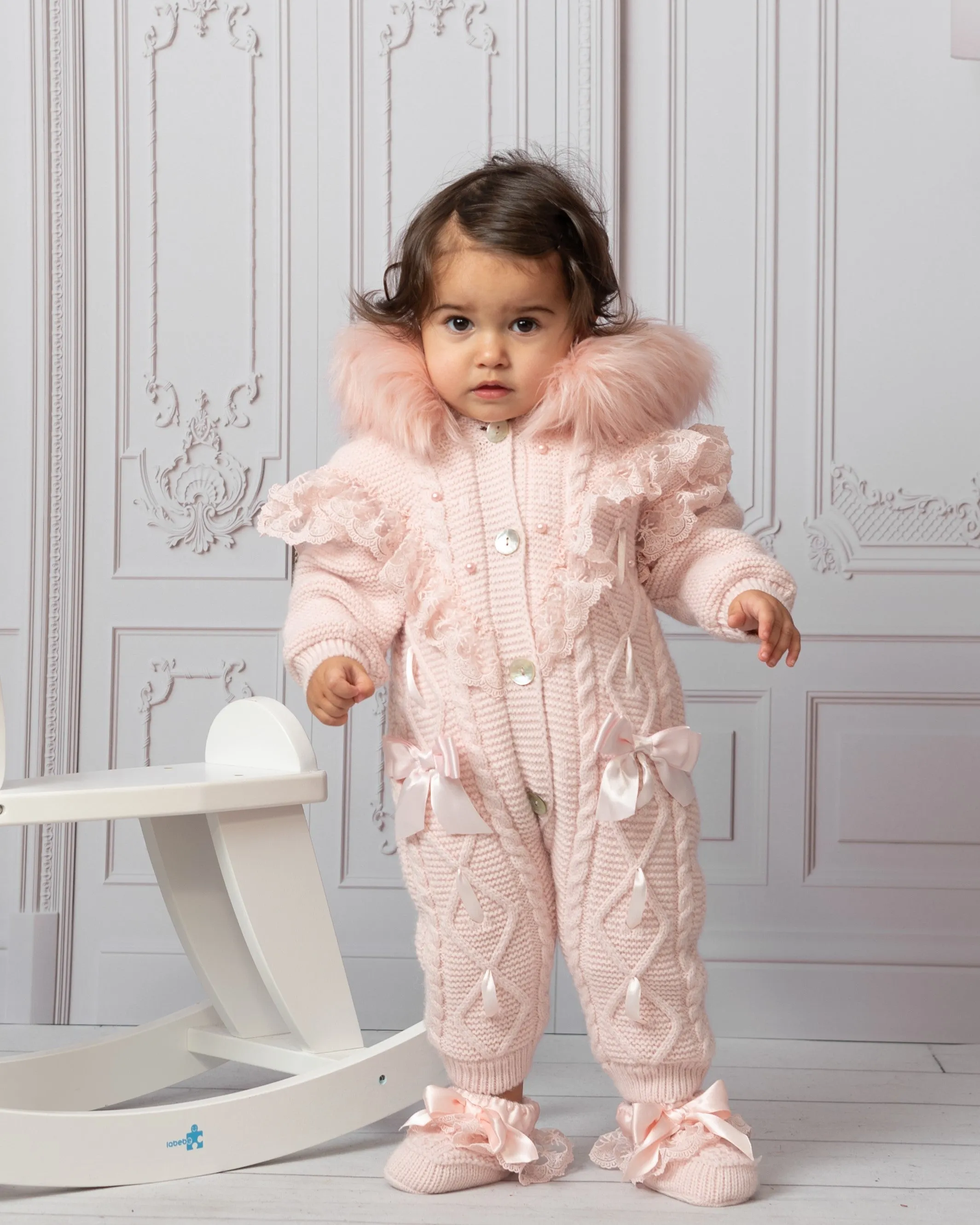 Caramelo Luxury Pink Pearl Lace Knitted Snowsuit