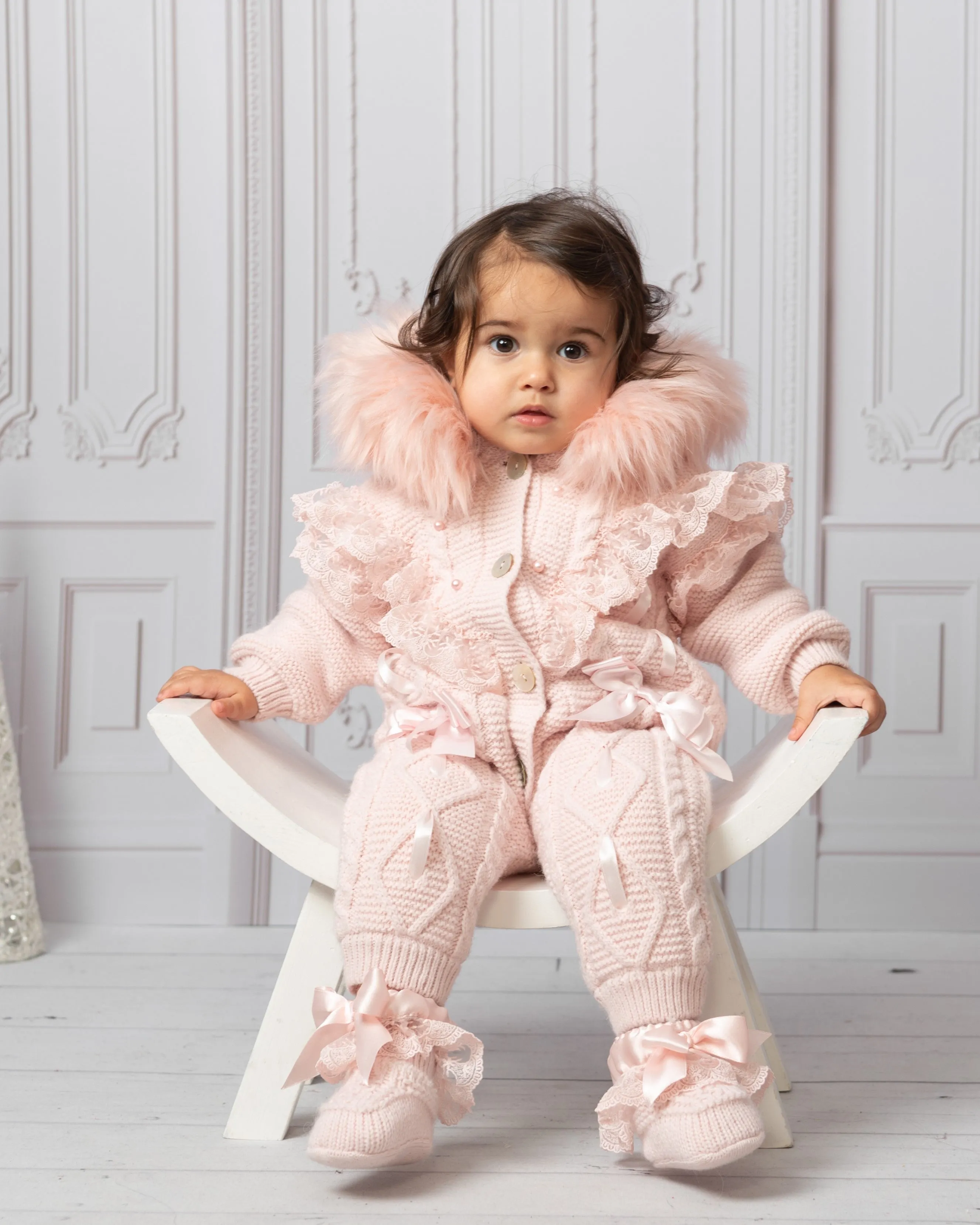Caramelo Luxury Pink Pearl Lace Knitted Snowsuit