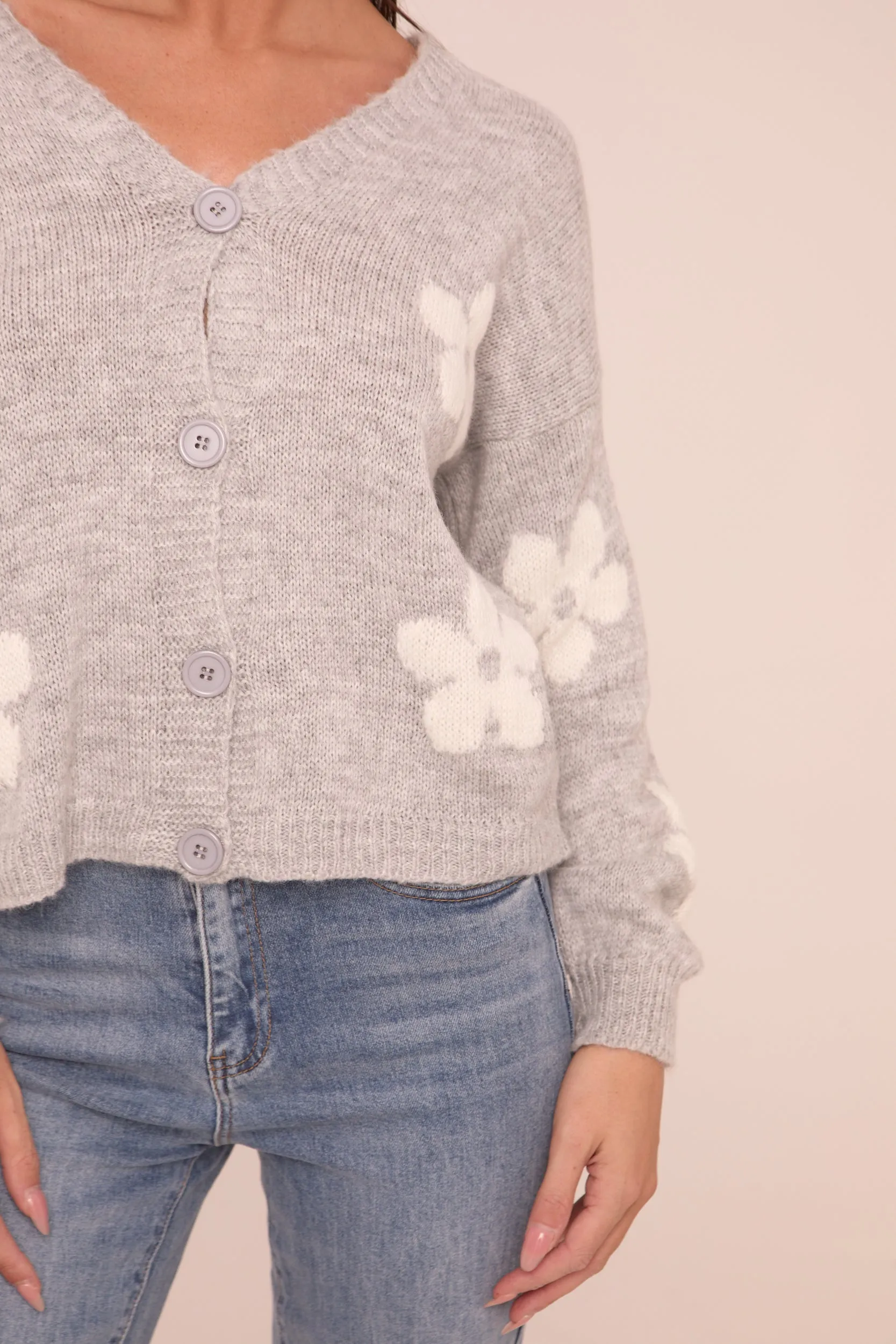 Grey Floral Button Up Front Long Sleeves Cardigan - Poppy