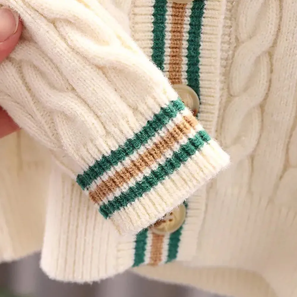 Little Surprise Box Cream & Green Ted Monogram V neck Winter Warmer Cardigan & Sweater for toddlers & Kids