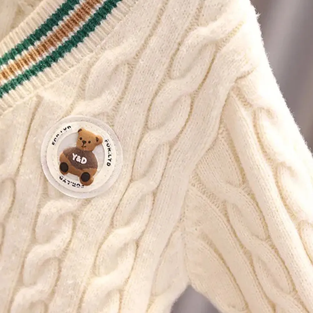 Little Surprise Box Cream & Green Ted Monogram V neck Winter Warmer Cardigan & Sweater for toddlers & Kids