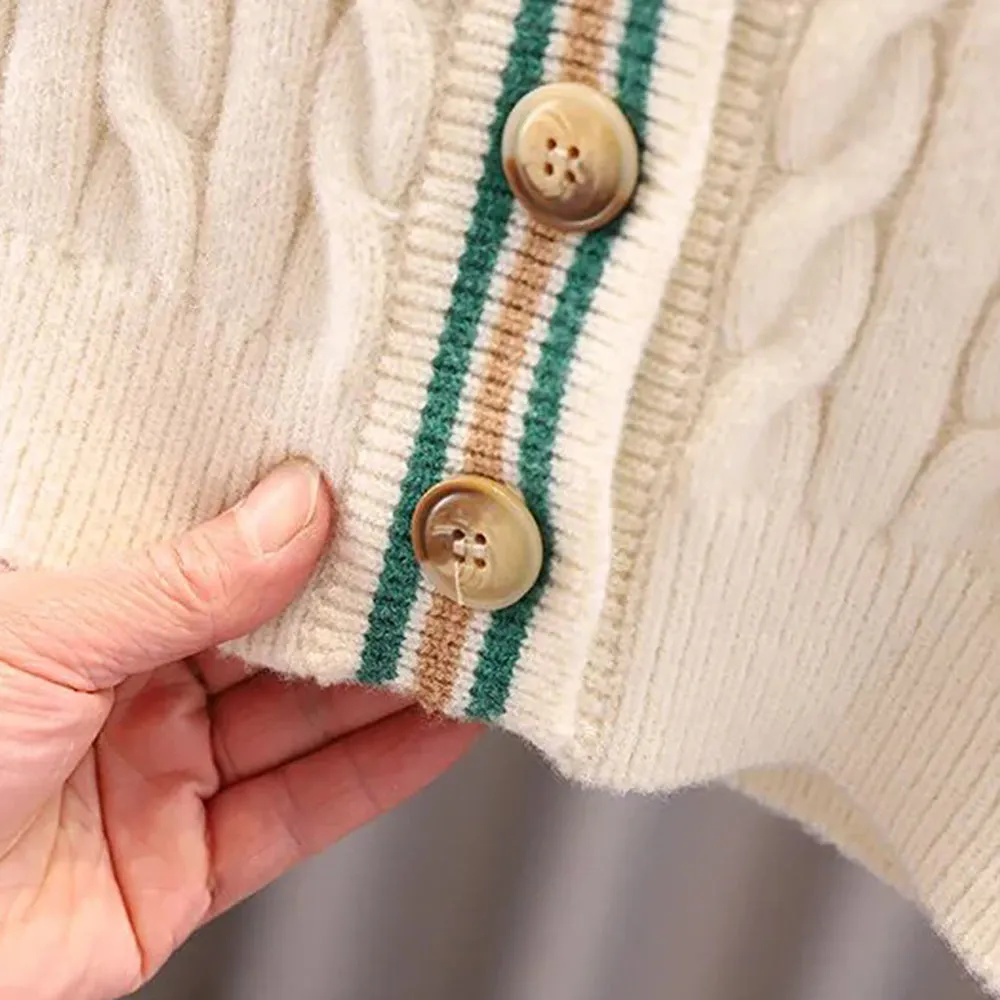 Little Surprise Box Cream & Green Ted Monogram V neck Winter Warmer Cardigan & Sweater for toddlers & Kids
