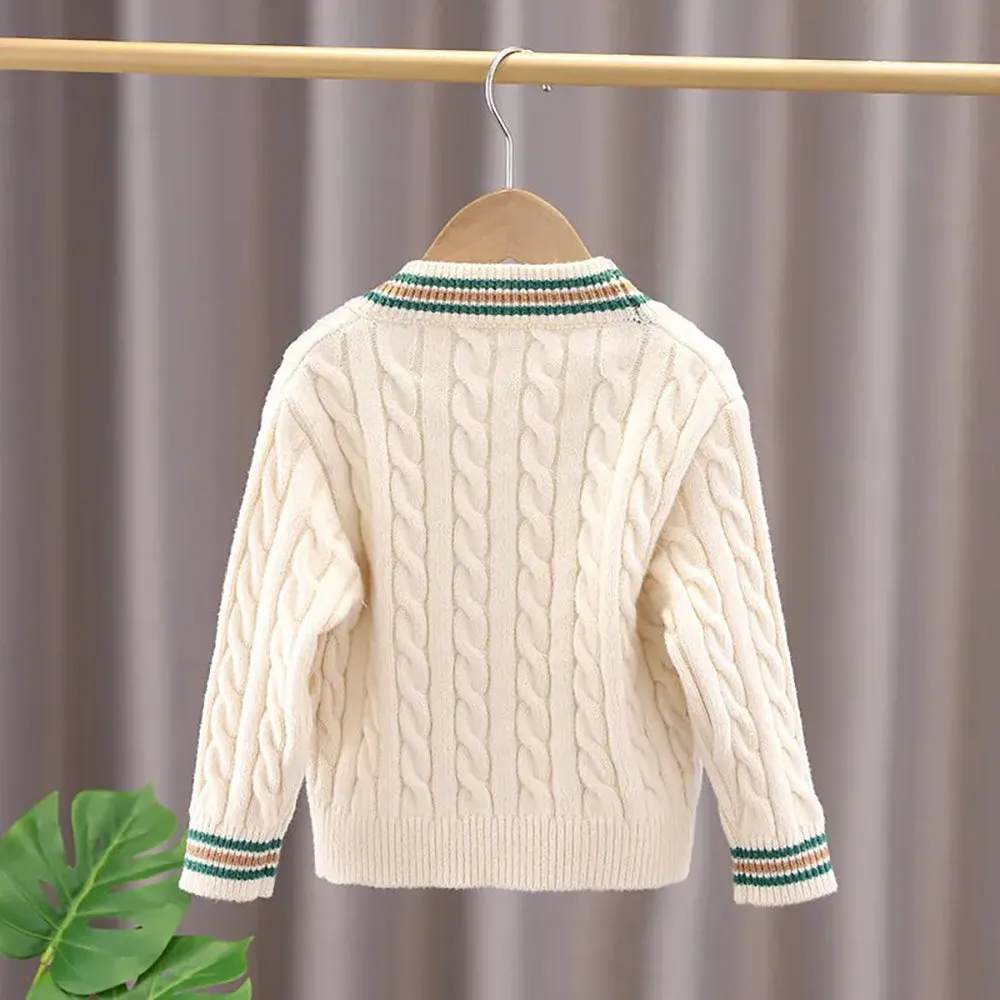 Little Surprise Box Cream & Green Ted Monogram V neck Winter Warmer Cardigan & Sweater for toddlers & Kids