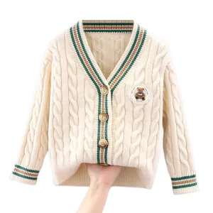 Little Surprise Box Cream & Green Ted Monogram V neck Winter Warmer Cardigan & Sweater for toddlers & Kids