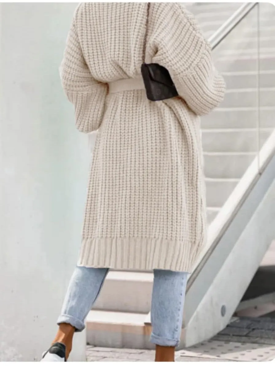 Longline Belted Knitted Cardigan | Beige