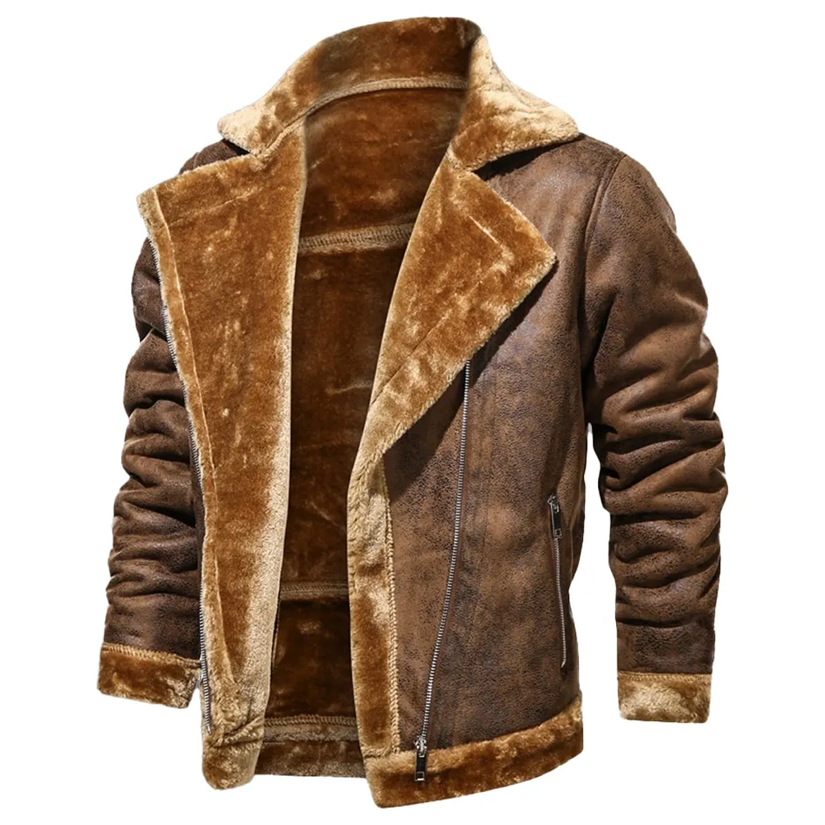 Men’s B3 Bomber Aviator Vintage Distressed Brown Genuine Sheepskin Faux Fur Lapel Collar Asymmetric Leather Jacket