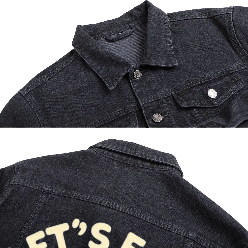 Mens Vintage Let's Fake Insanity Skull Graphic Denim Jacket