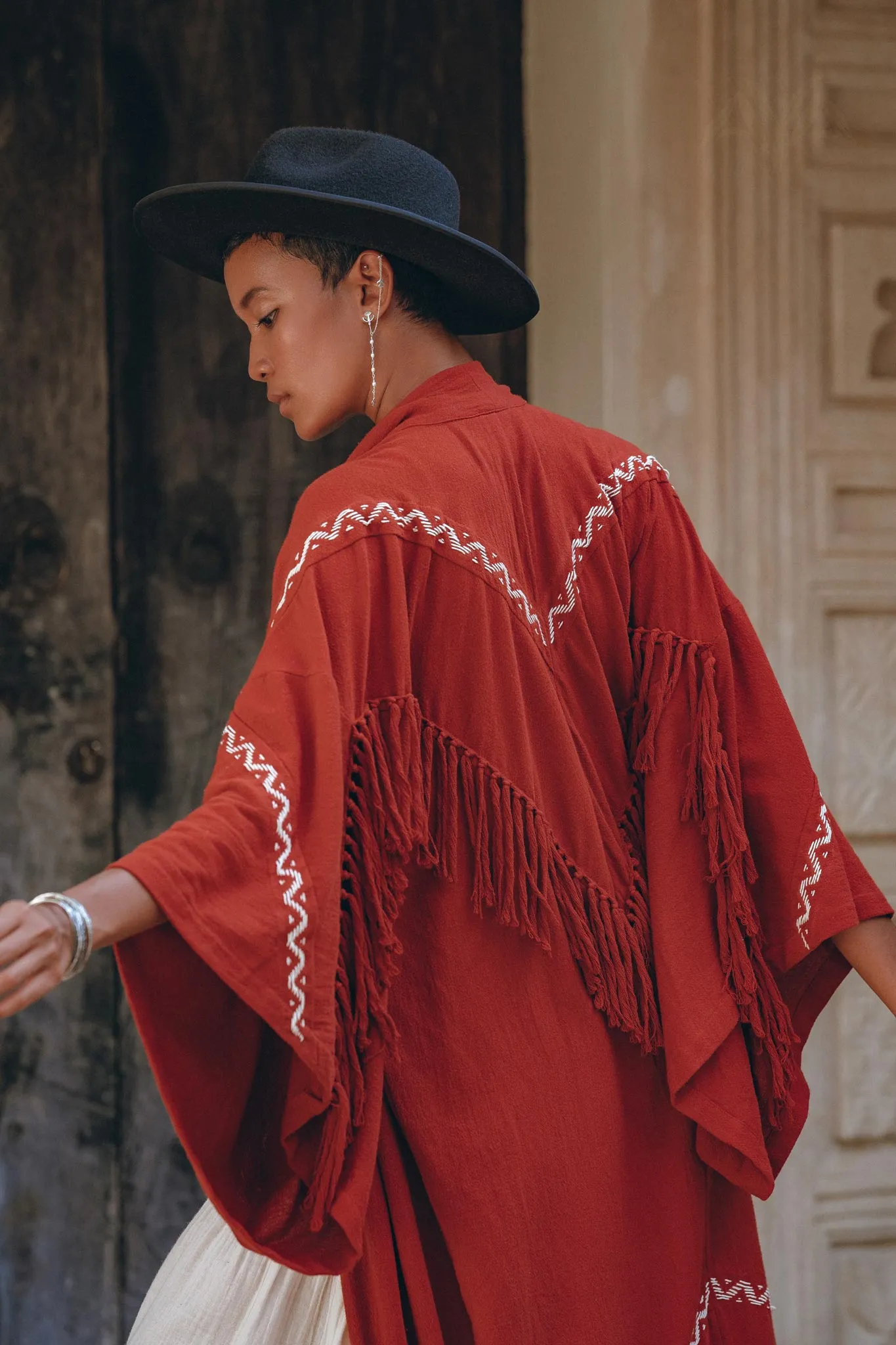 Red Organic Poncho Cape • Boho Cardigan Women • Cotton Kimono Cover Up