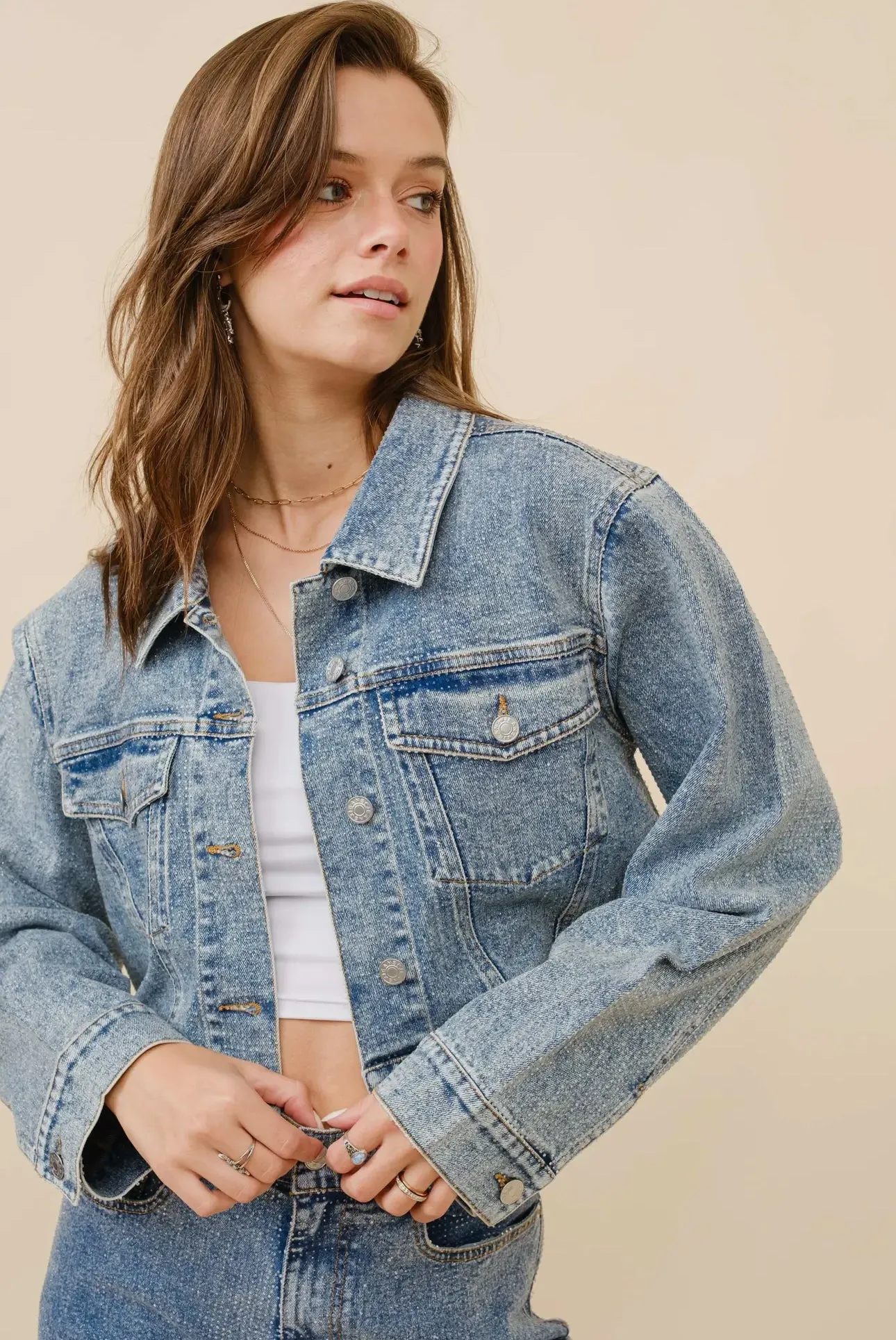 Trista Clear Crystal Crop Stretch Denim Jacket